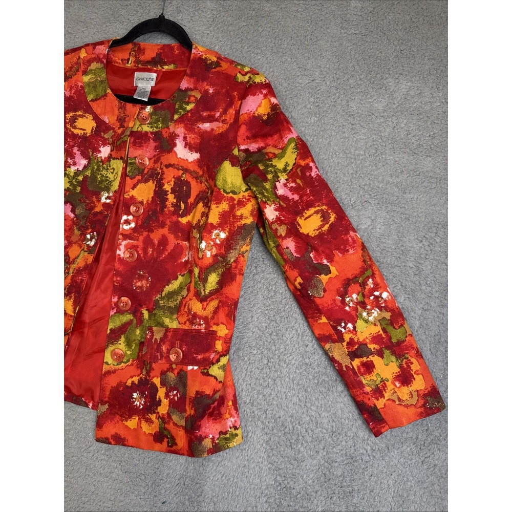 Chicos Button Up‎ Jacket Red Pink Coral Long Sleeve Blouse Coat Womens Size 0 - Picture 3 of 16